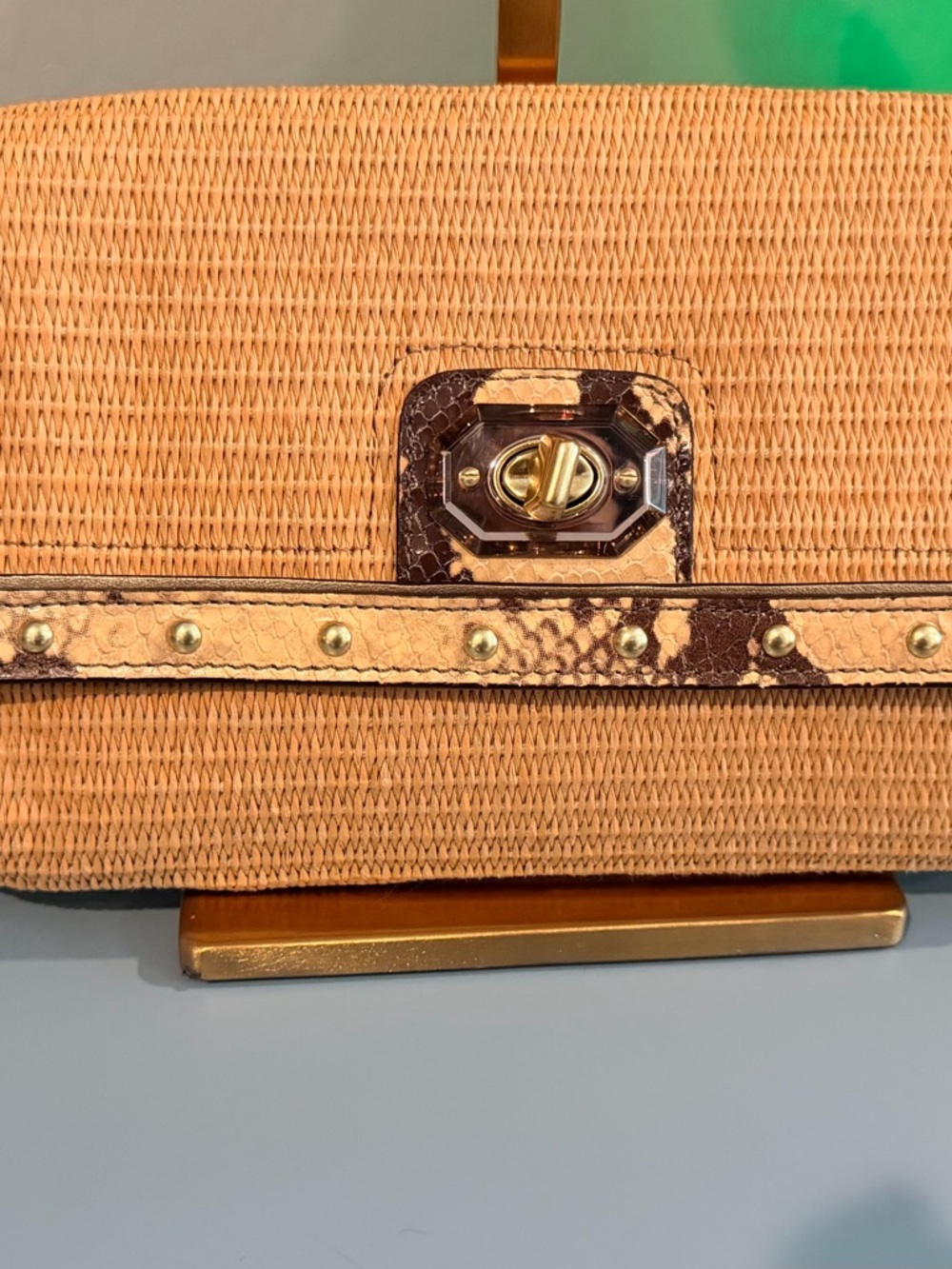 Beautiful Coach Woven Straw clutch Bag with Brown Accents (rare find)